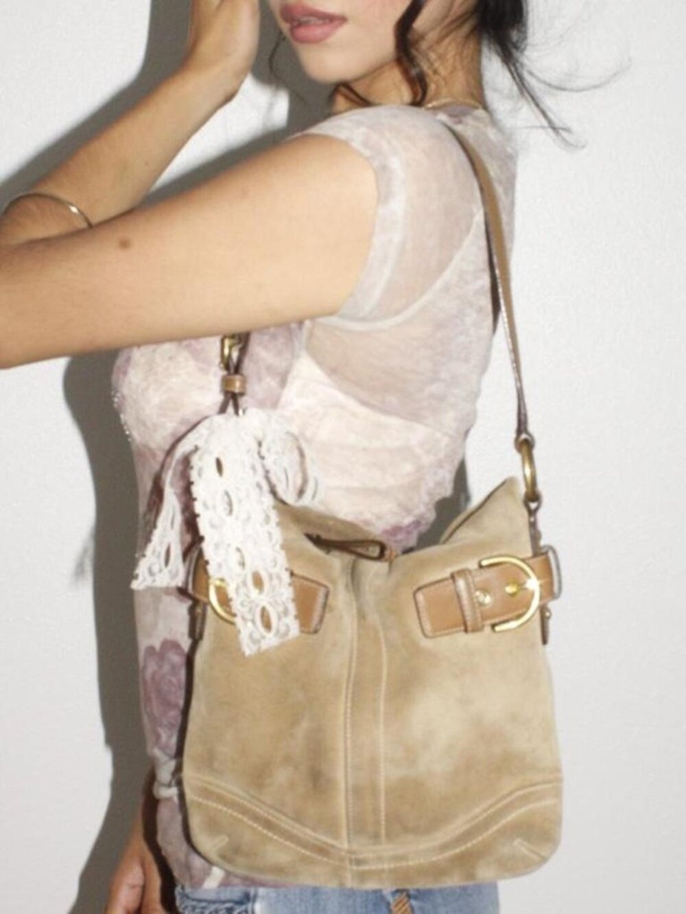 Tan suede leather Coach shoulder bag with white lace...